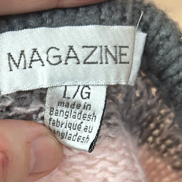 Vintage Striped Fuzzy Sweater Gray Pink White V Neck Pockets Y2K Soft Cozy L - Picture 3 of 5